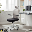 Chaise de bureau ergonomique blanche avec accoudoirs rabattables, appui-tête oscillant et support lombaire - Zik