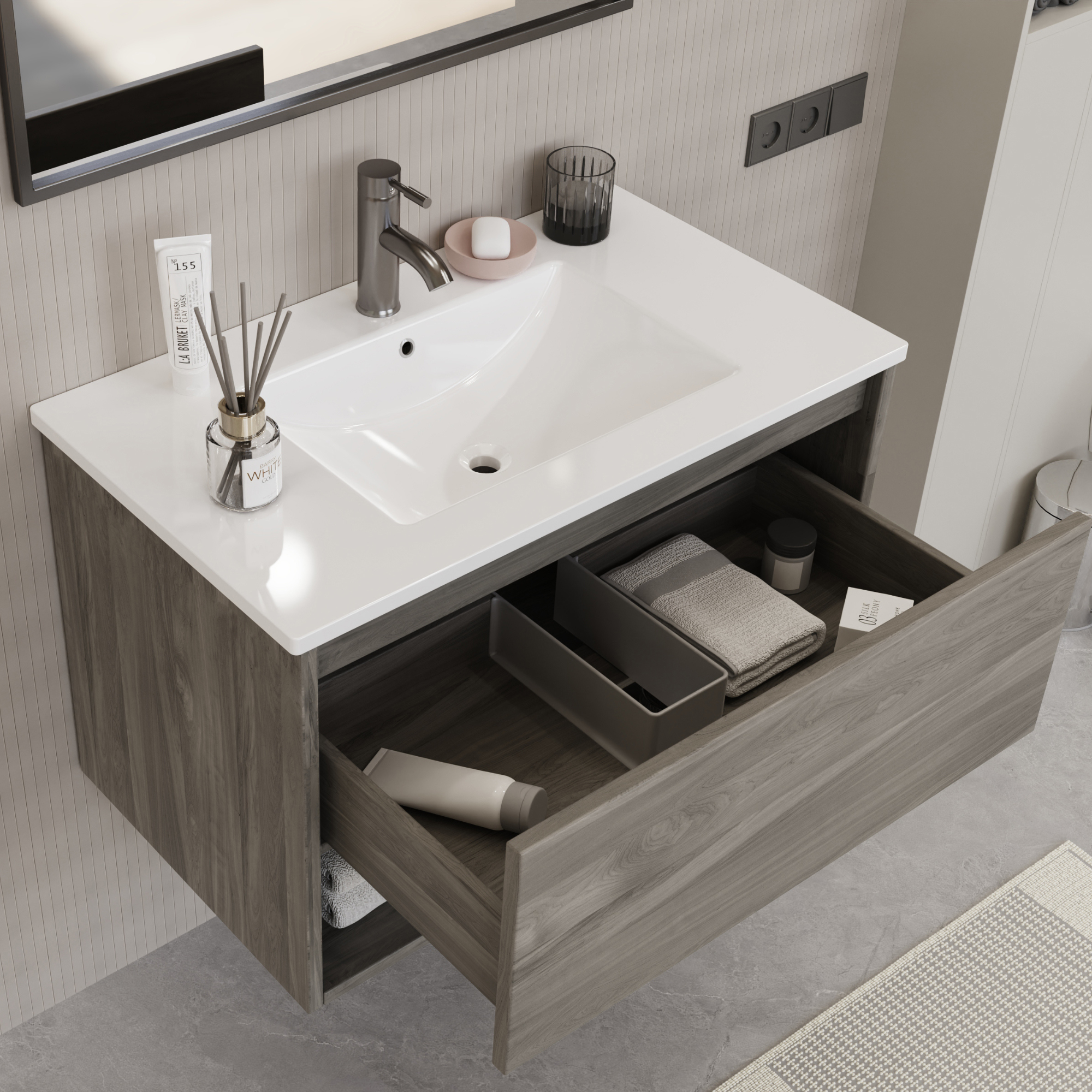 Mobile Bagno Sospeso Bagno Italia 80 Cm - Rovere Nordik Con Lavandino E Specchio - Foto 5