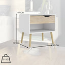 Comodino con Cassetto e Vano a Vista, Mobile Camera da Letto Moderno, Tavolino con Gambe – Bianco e Rovere 50x39x49 cm