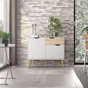 Credenza Mobile Cucina Multiuso, Madia 2 Ante 1 Cassetto con Ripiani, in Legno MDF - Bianco e Rovere 98x39x81 cm