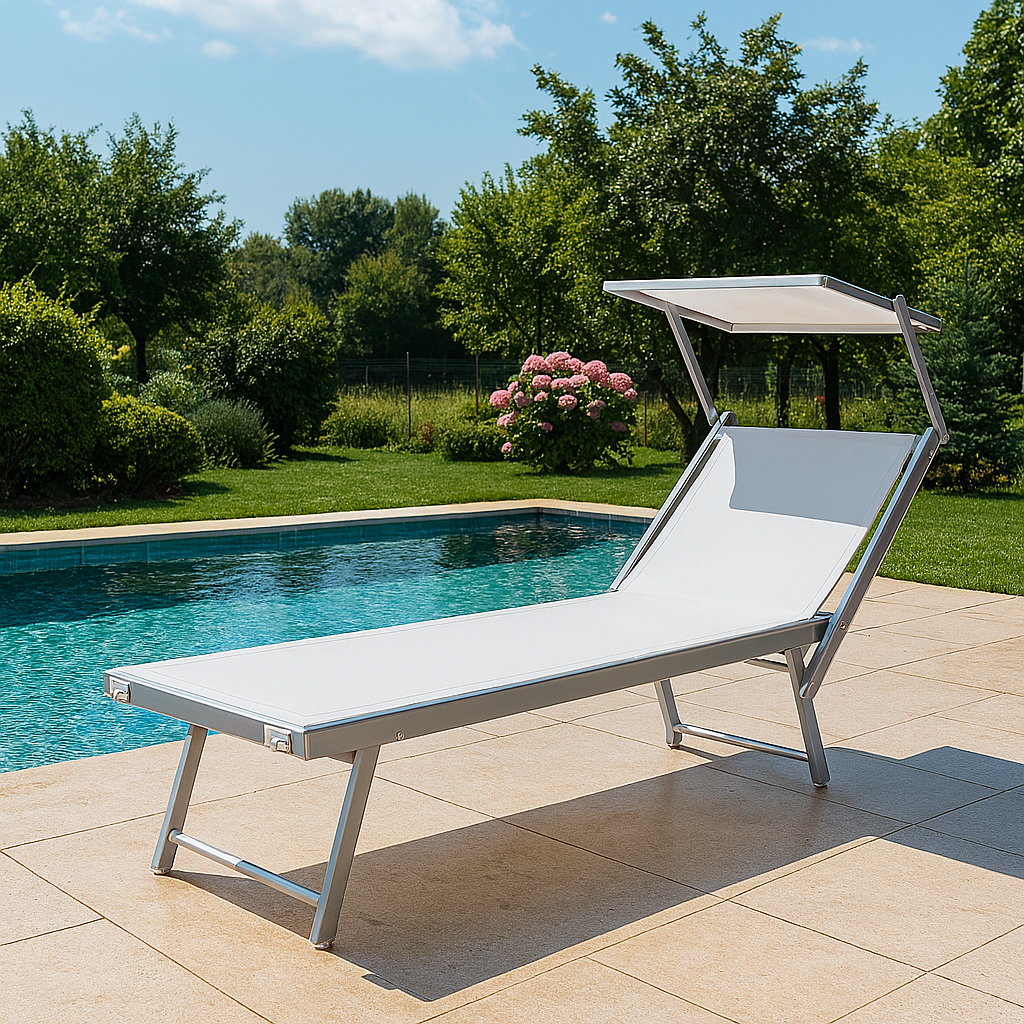 Folding Sun Lounger with Canopy, Reclining 189x61x38 cm White