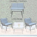 Salotto da Giardino 4 Posti con Cuscini, Set Tavolo e Sedie con Divano in Metallo e Rattan Intrecciato, Design Moderno