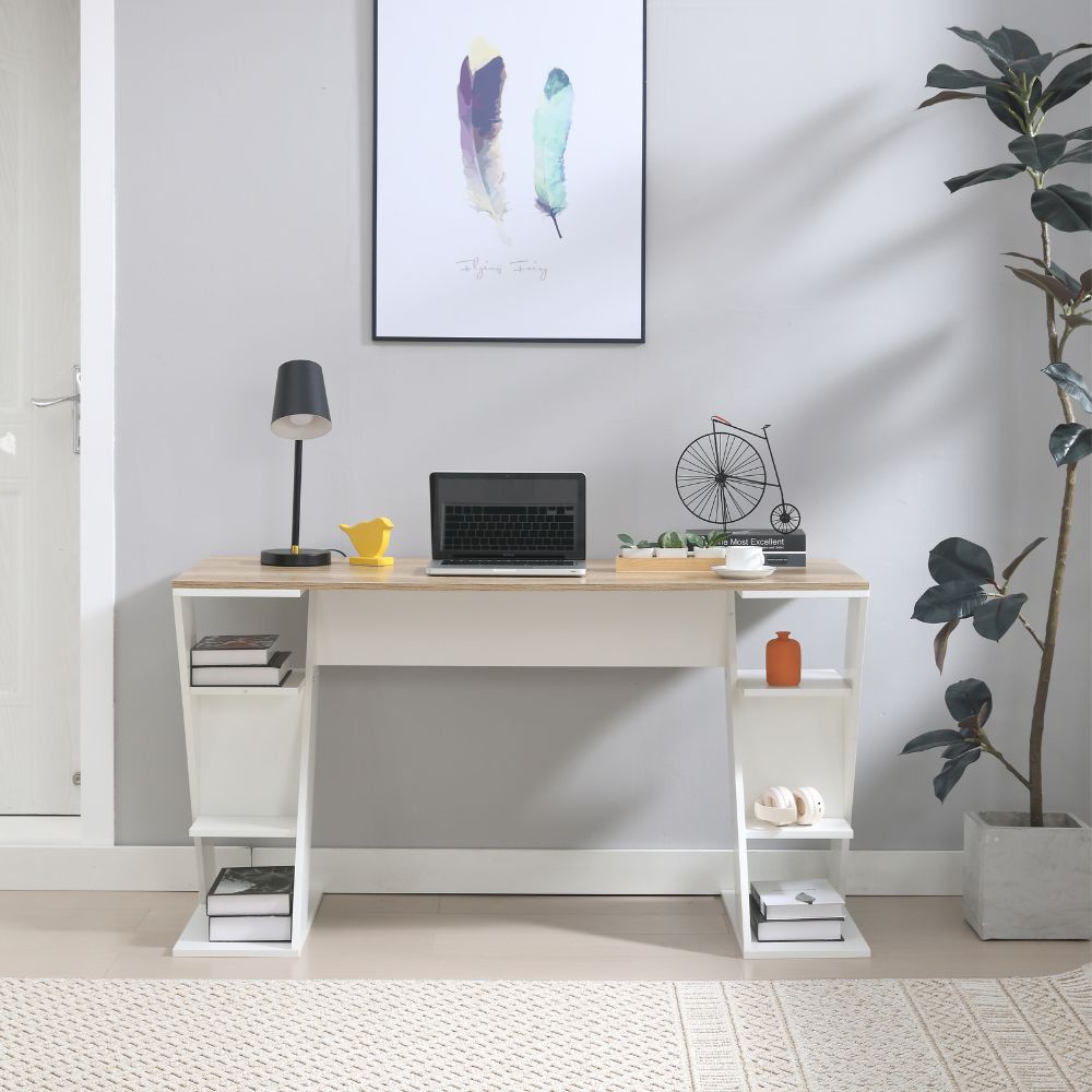 Scrivania Per Ufficio HOMCOM Con 2 Mensole – 110x48x76,2 Cm, In MDF, Colore Noce E Bianco, Carico 50 Kg, Per Casa E Studio