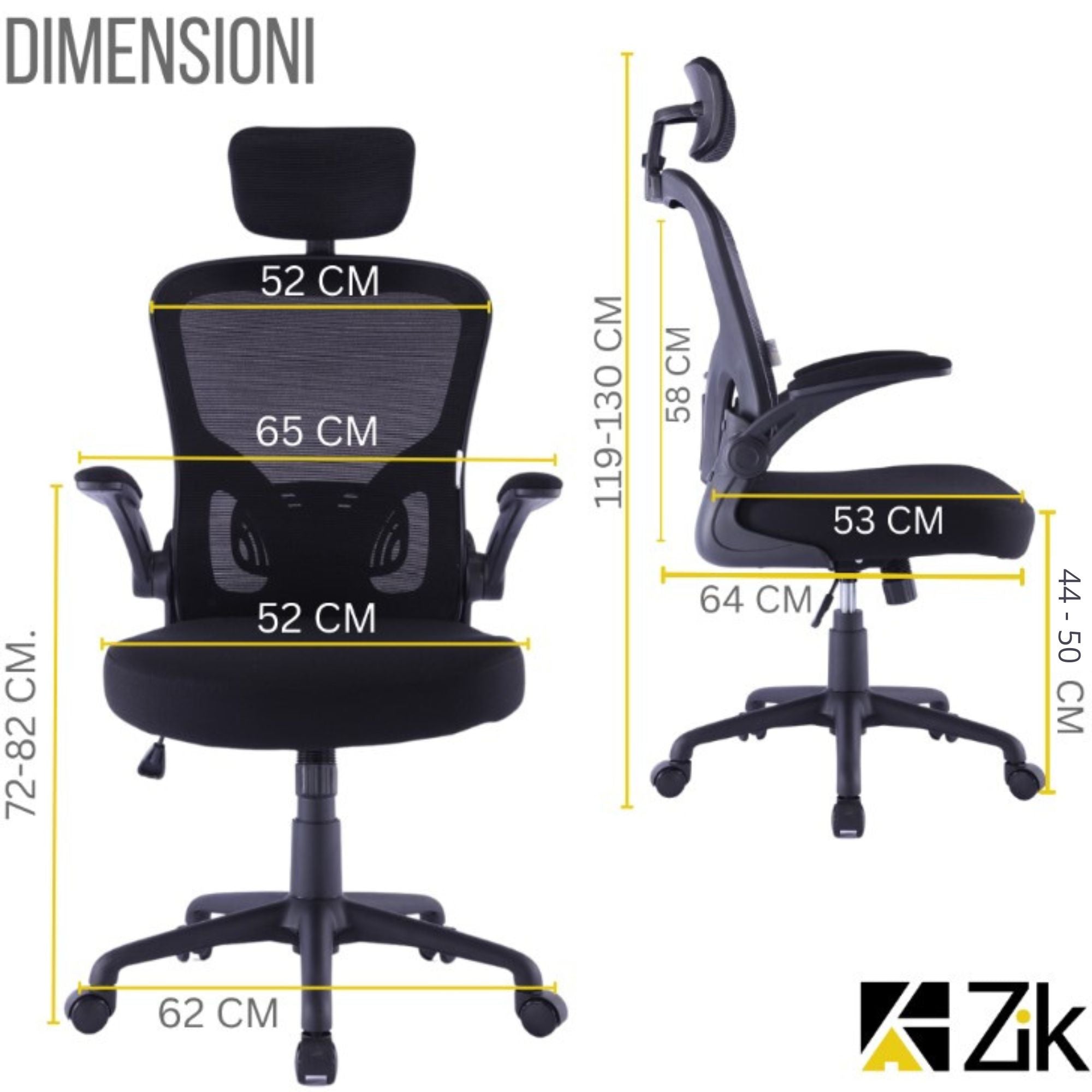 ZIK Sedia da Ufficio Ergonomica: Braccioli Pieghevoli e Supporto