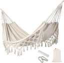 Hamac de jardin pour terrasse, avec franges en macramé, polyester avec barres en bois | 200x150